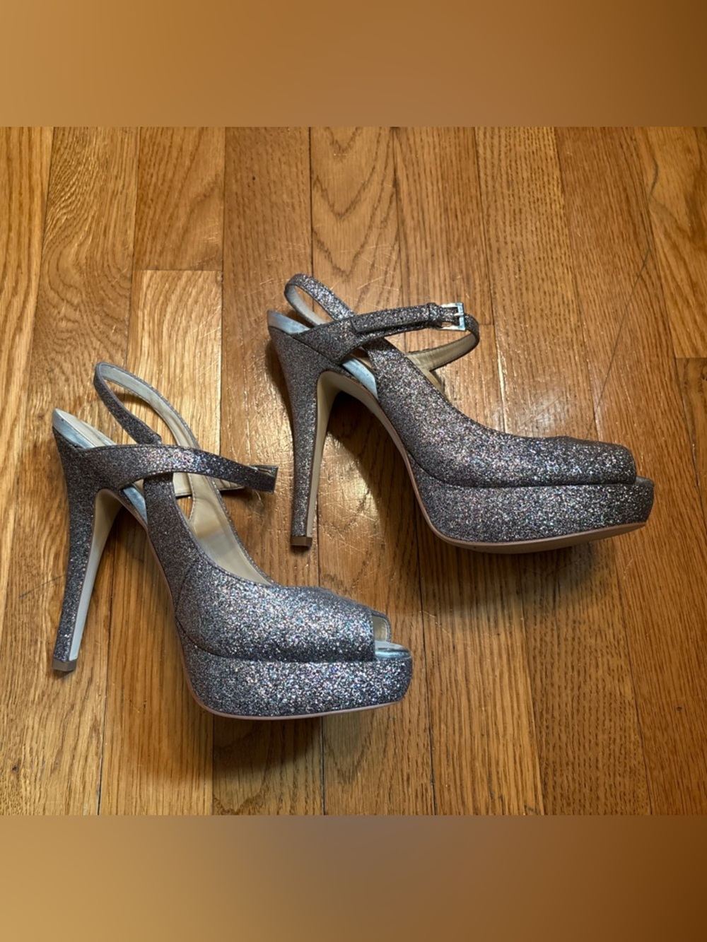 INC Mariela Silver Glitter Peep-Toe Platform Heels - Women's Dress Pumps, Sz 7.5